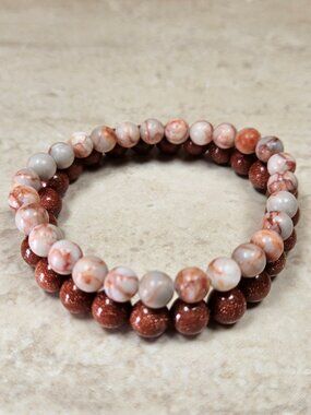 Gold Sandstone & Red Spider Jasper Bracelet Set Boho Crystal 6mm 8mm